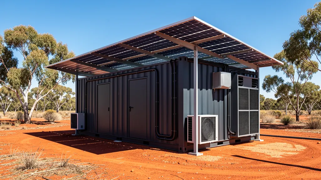 Conceptual modular computing pod beneath a solar shade canopy in the Australian interior